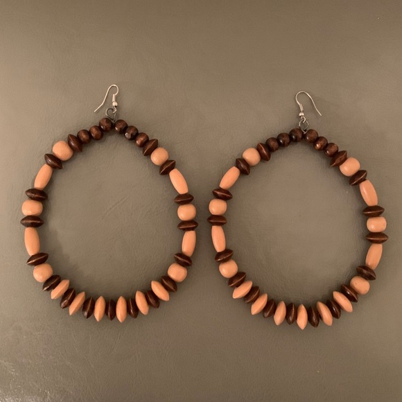 Wooden bead large hoop earrings - Picture 1 of 4